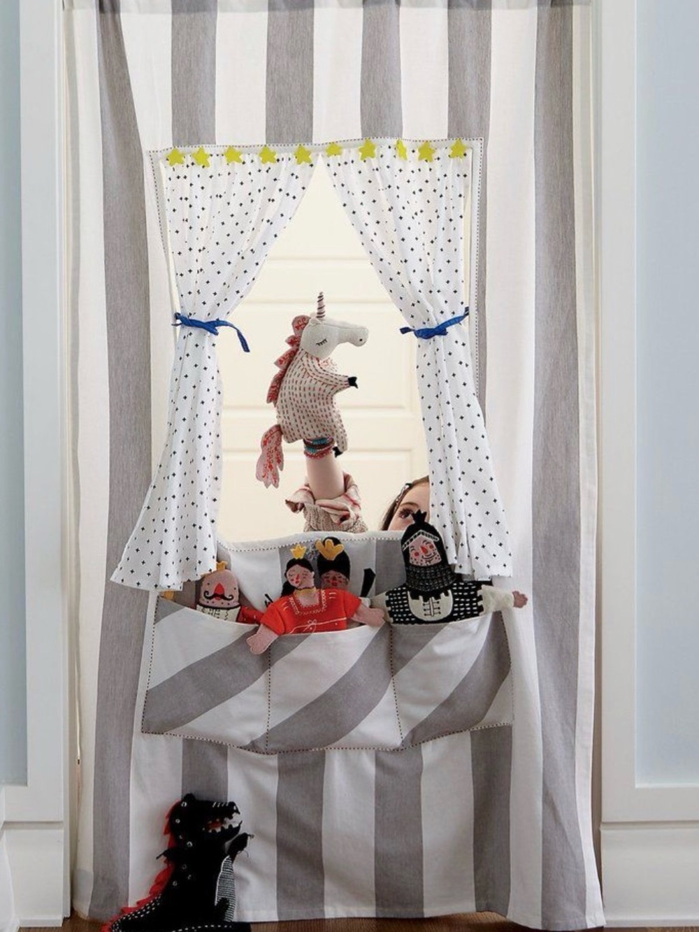 Crate & Barrel -The Land of Gray and White Striped Kids Puppet Theater Curtain